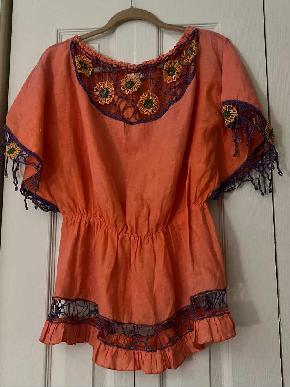 Boho Orange Embroidered Tunic Top with Purple Trim